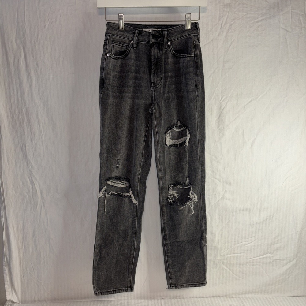 Pacsun Women's Black Button Fly Distressed Straight Leg Mom Jeans Size 23